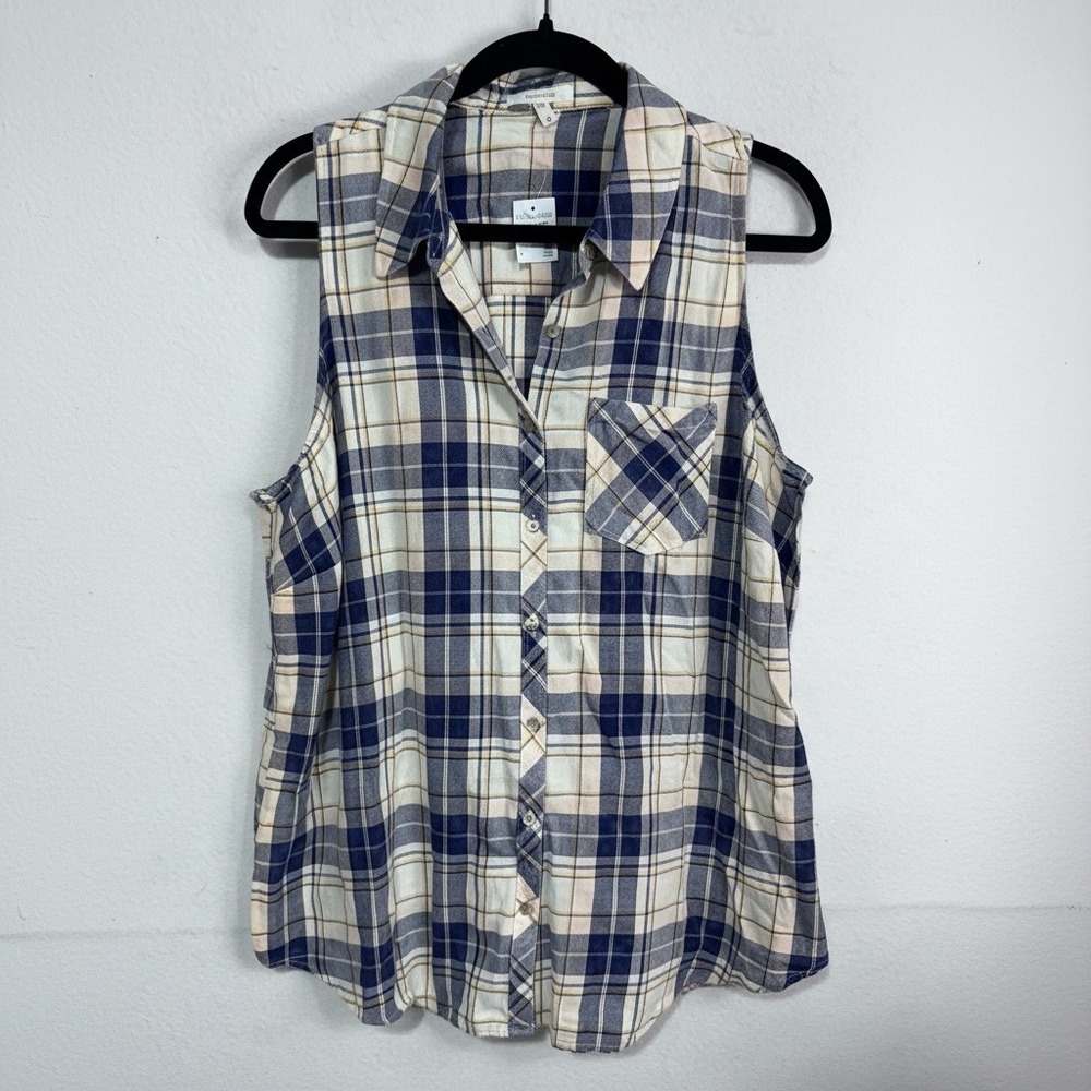 Maurices Plaid Sleeveless Country Cowgirl Button Down Shirt Blue Yellow Womens 0